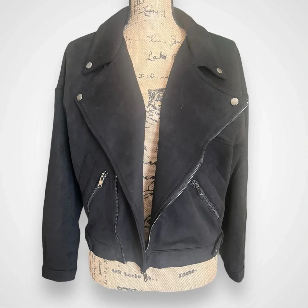 HYFVEโ Women's Black Vegan Suede Moto Jacket Small | EUC